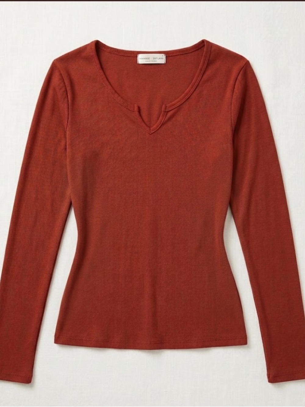 Frankee & Skylarr Rust Orange Ribbed Notch Neck Long Sleeve Top Size S (Best all